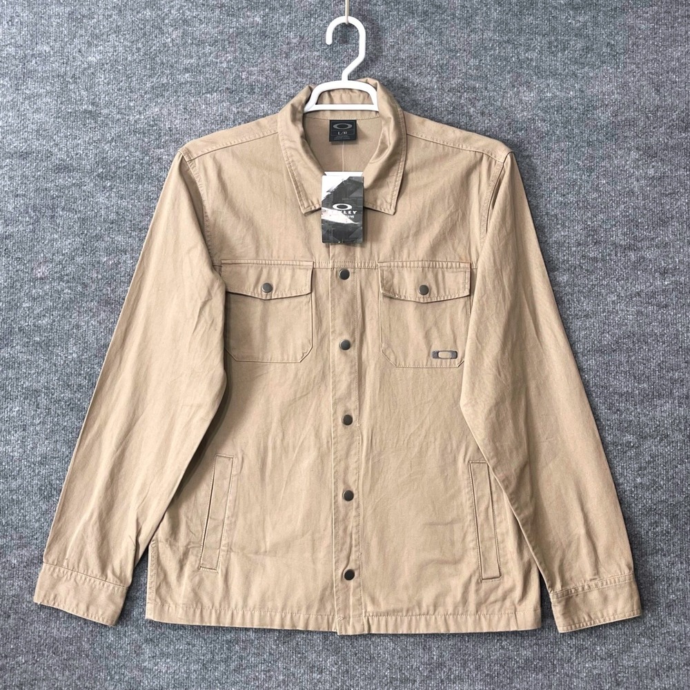 Oakley Harted Jacket Mens Large New Khaki Tan Cotton Snap Front Vintage Tactical